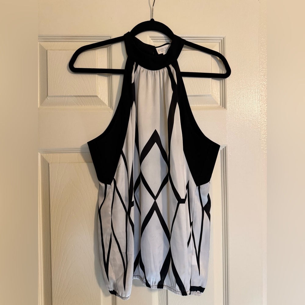 Bisou Bisou Elegant Black Halter Top Silk Polyester Off-white and Black Large